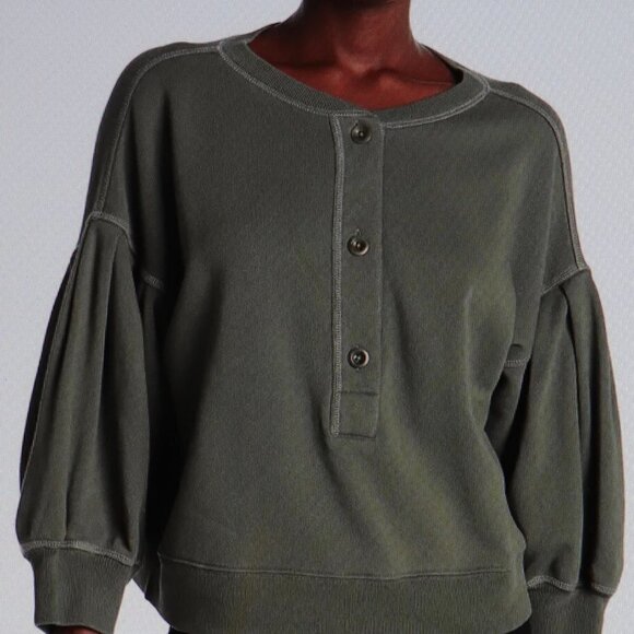 Something Navy Greta Henley Sweatshirt Size L In Olive color - Picture 1 of 3